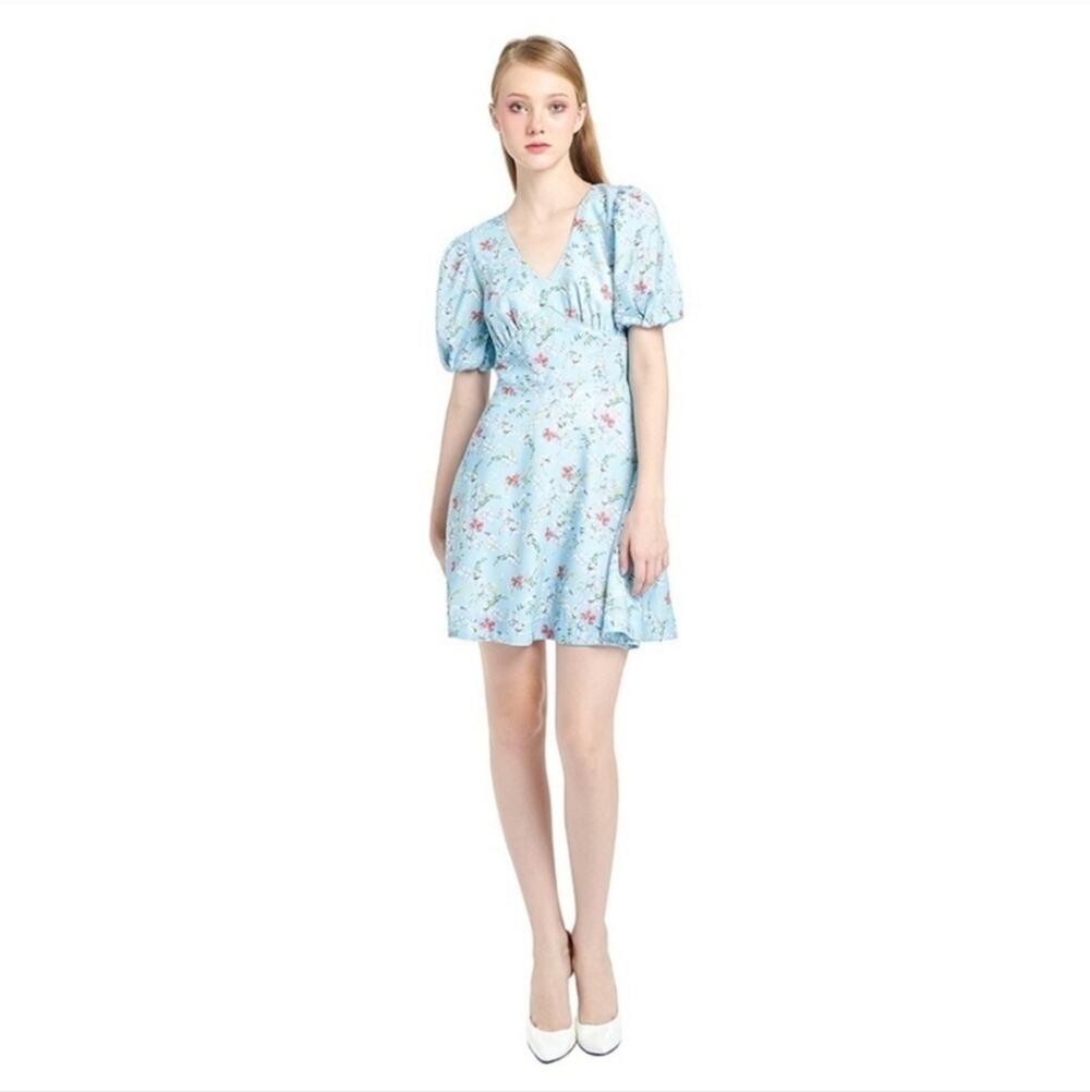 N12H Charlotte Floral Puff Sleeve Mini Dress Tie Back Blue XS